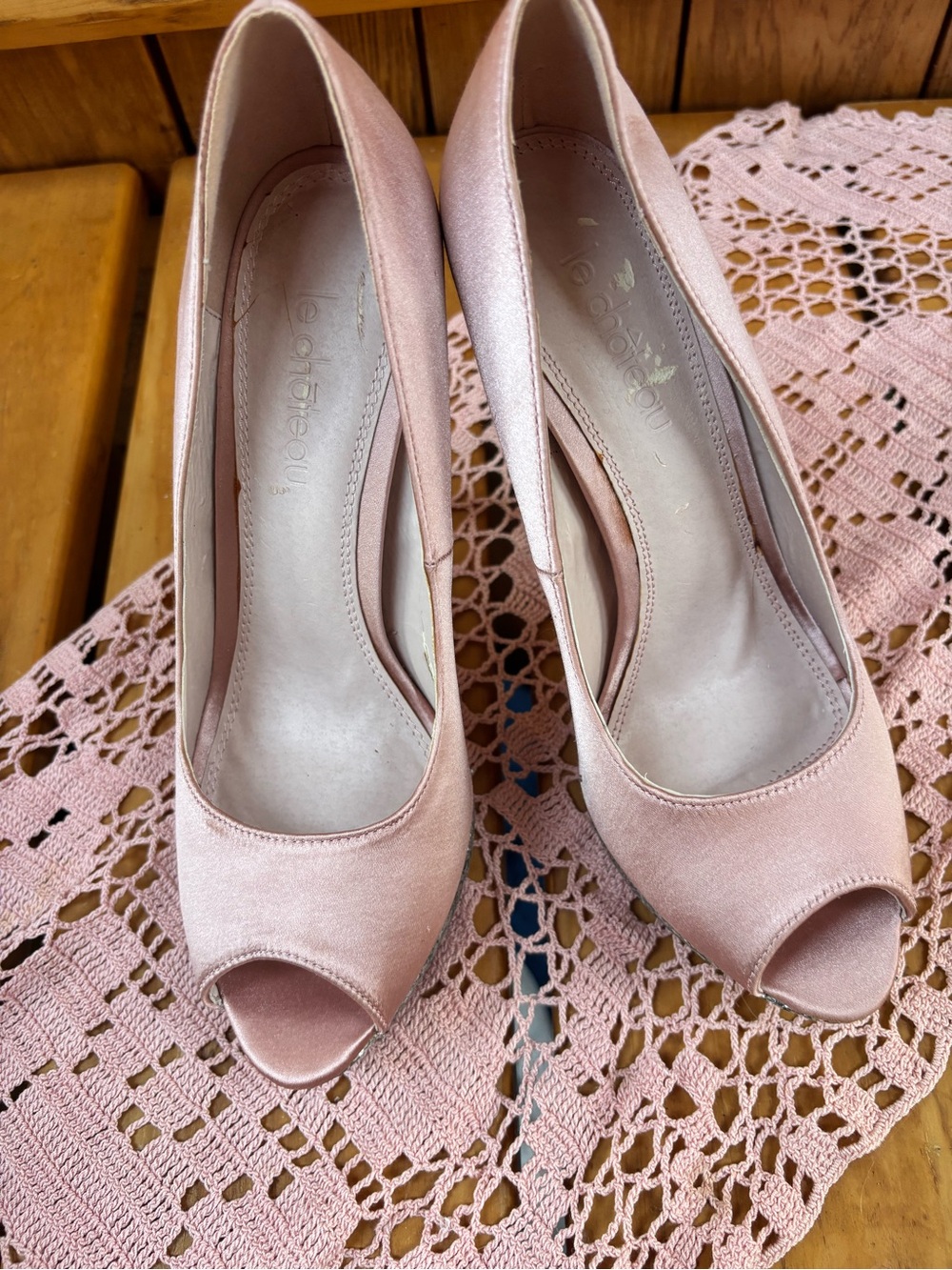 Le Château Light Pink Satin Peep-Toe Platform Heels - Picture 3 of 8